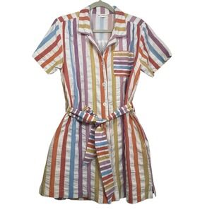 Roller Rabbit Med Rainbow Stripe Eddie Cotton Shirt Dress Lined Tie Belt Pockets